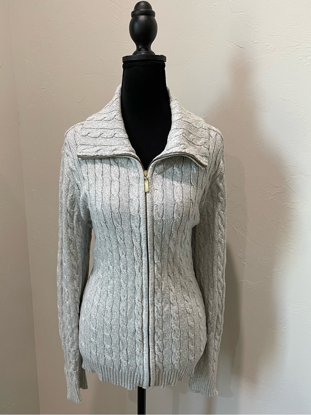 Karen Scott Light Gray Cable-Knit Zip Sweater